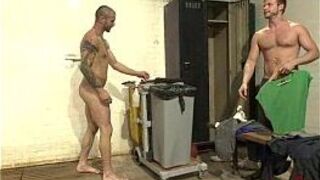 Janitor bounds and fucks guy in locker room - porn video